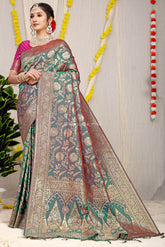 Stunning Rama Golden Zari Worked Heavy Banarasi Saree